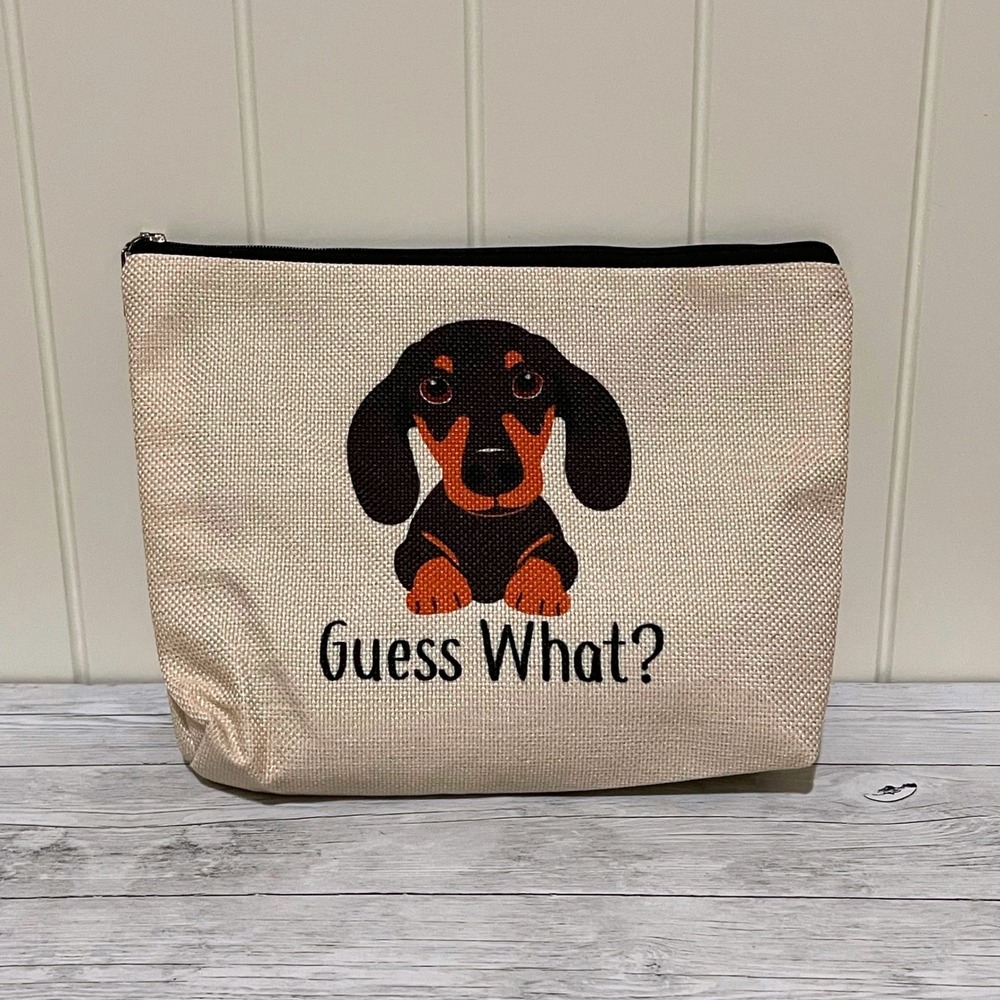 Guess What Dachshund Butt Cosmetic Bag Linen Zipper Pouch Beige Weiner Dog
